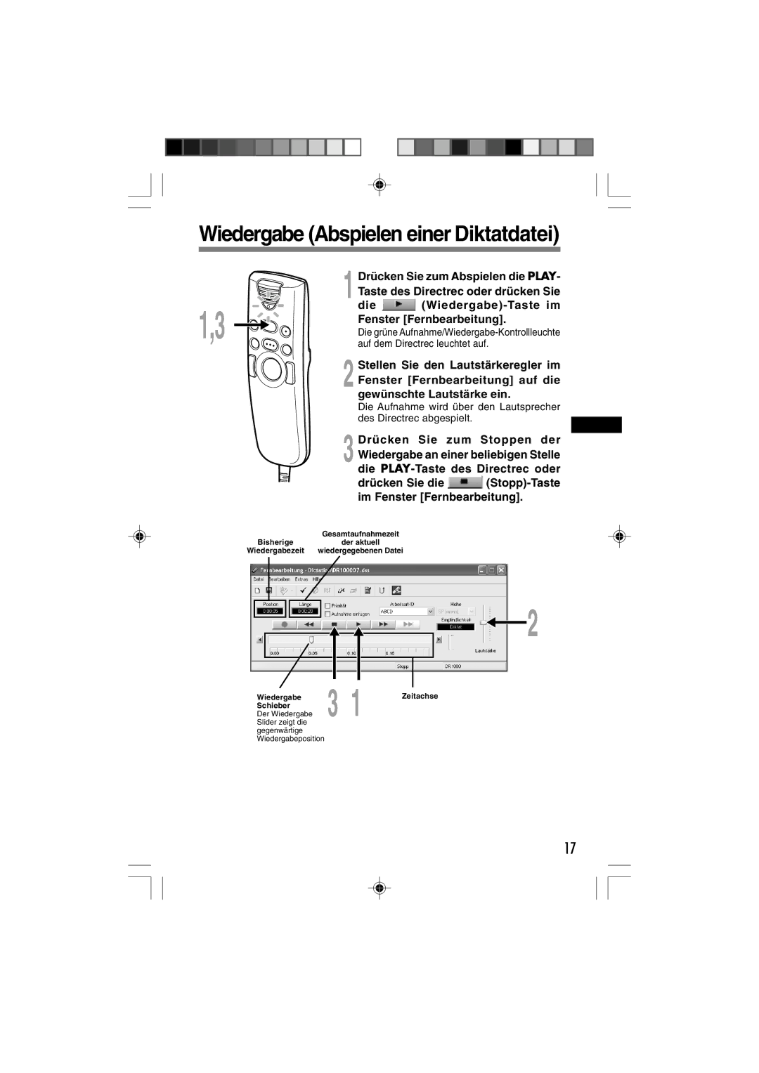 3Com DR-1000 manual Wiedergabe Abspielen einer Diktatdatei 