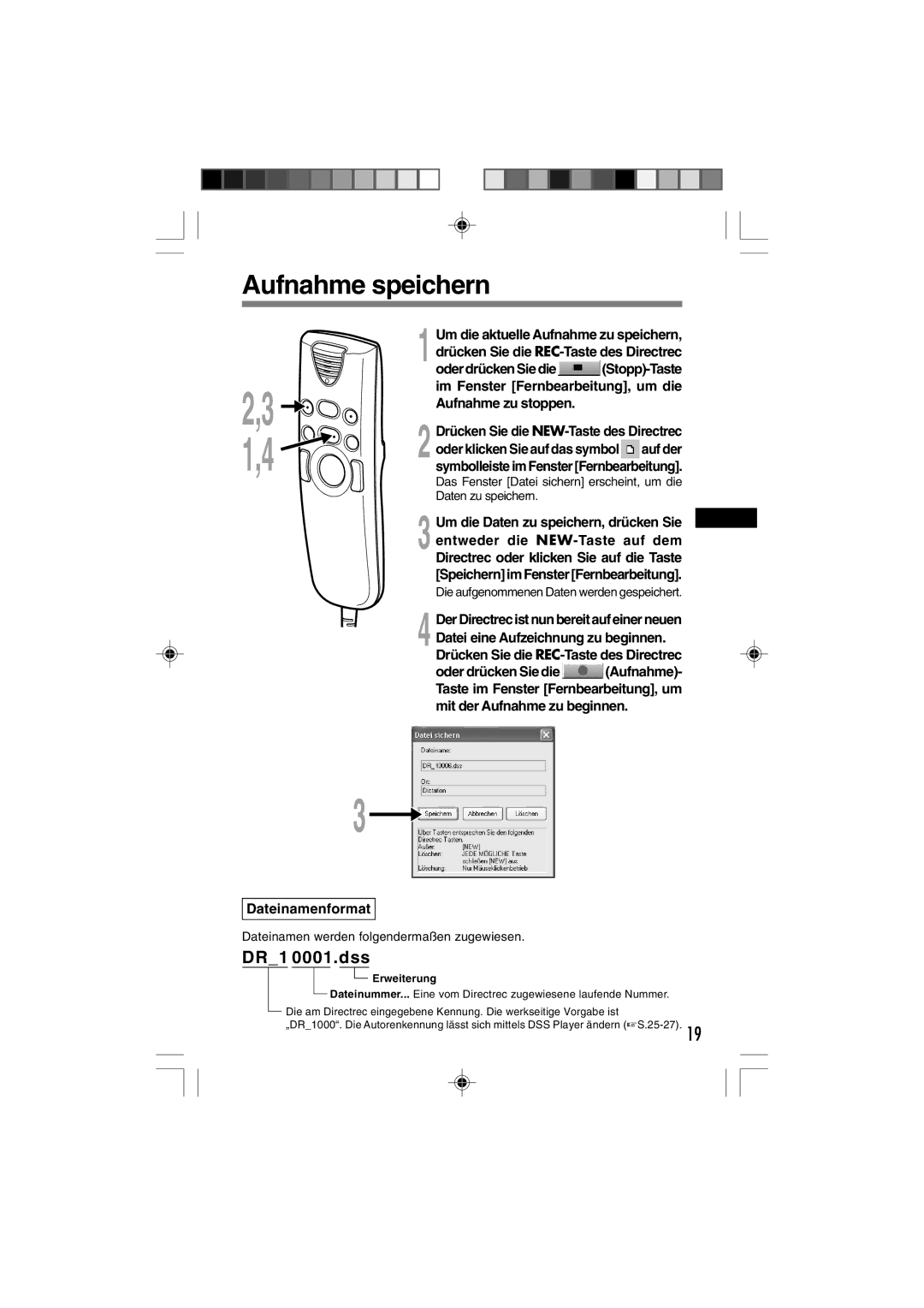 3Com DR-1000 manual Aufnahme speichern, Dateinamenformat 