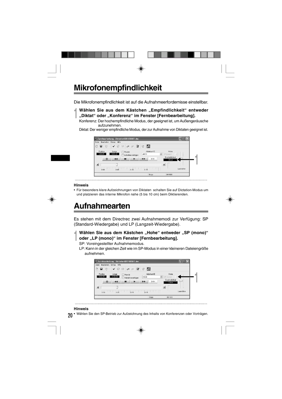 3Com DR-1000 manual Mikrofonempfindlichkeit, Aufnahmearten 