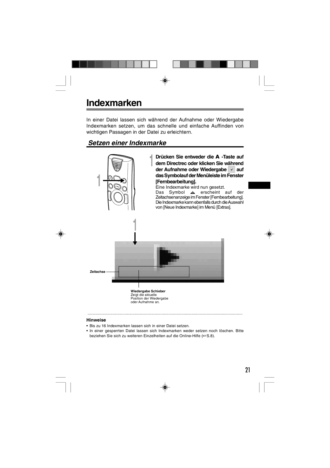 3Com DR-1000 manual Indexmarken, Setzen einer Indexmarke 