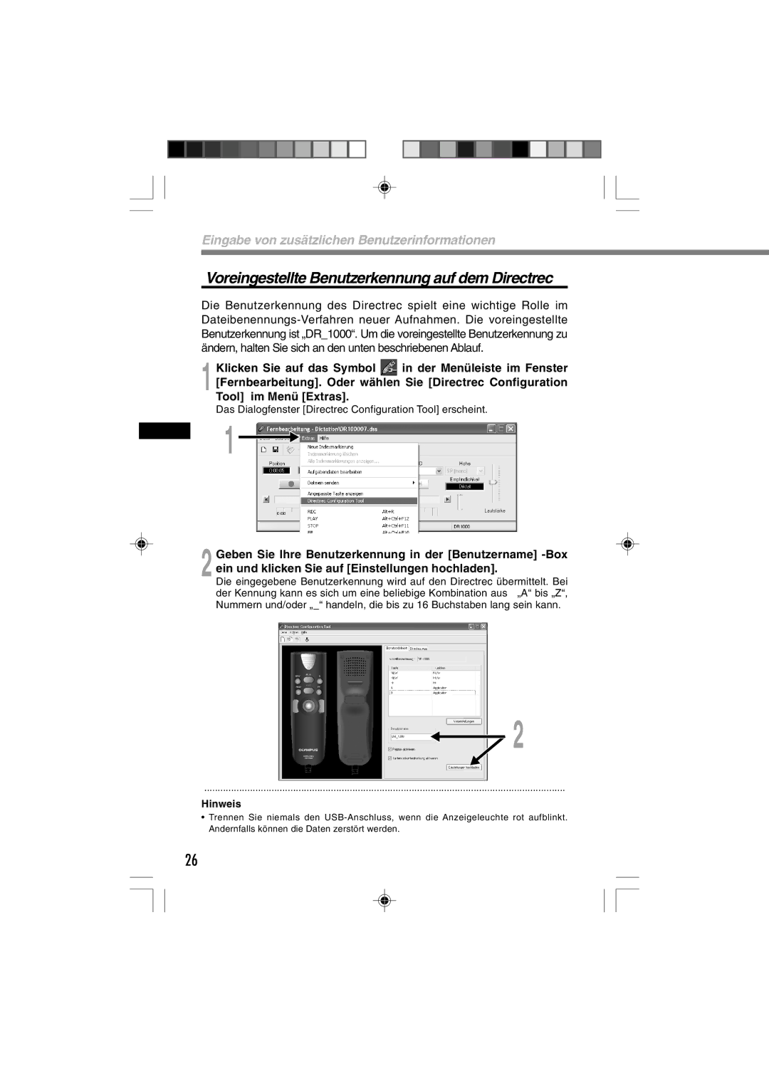 3Com DR-1000 manual Voreingestellte Benutzerkennung auf dem Directrec 