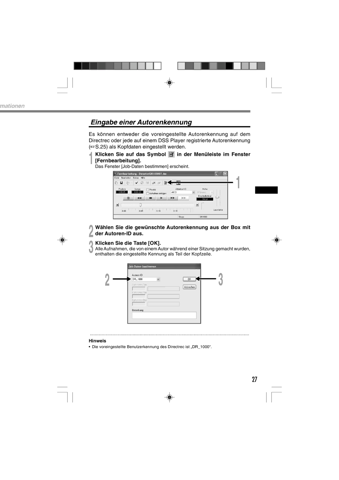 3Com DR-1000 manual Eingabe einer Autorenkennung 