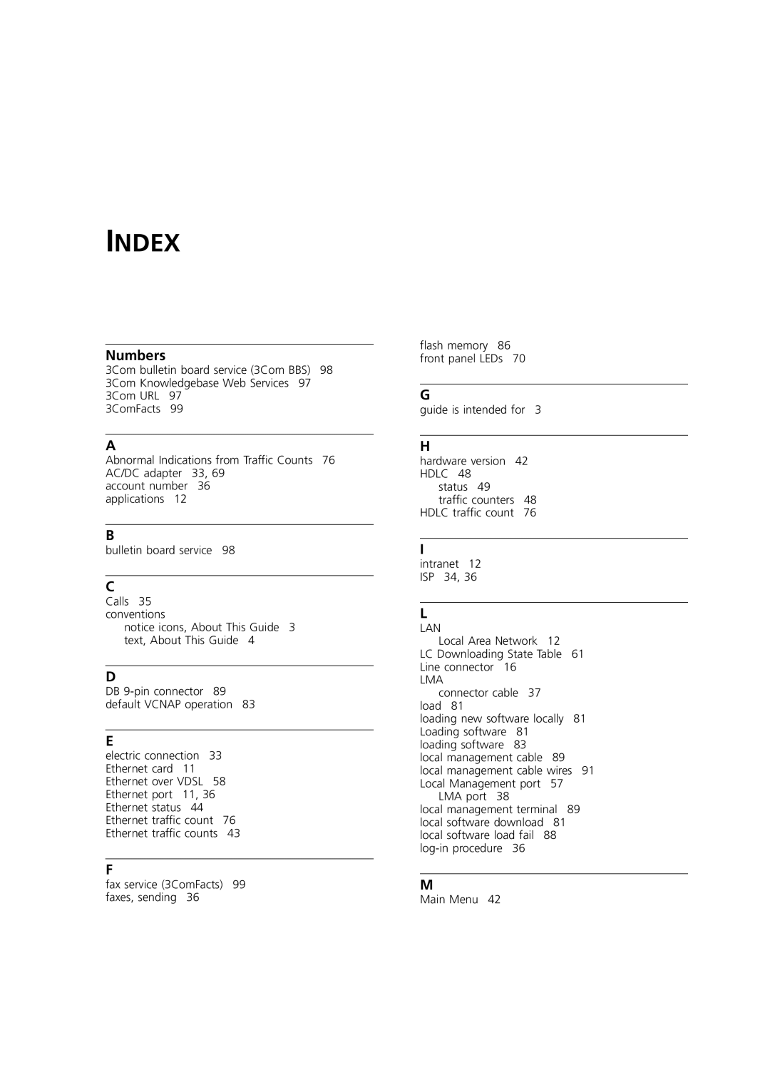 3Com DSA-3CV1001-02 service manual Index, Numbers 