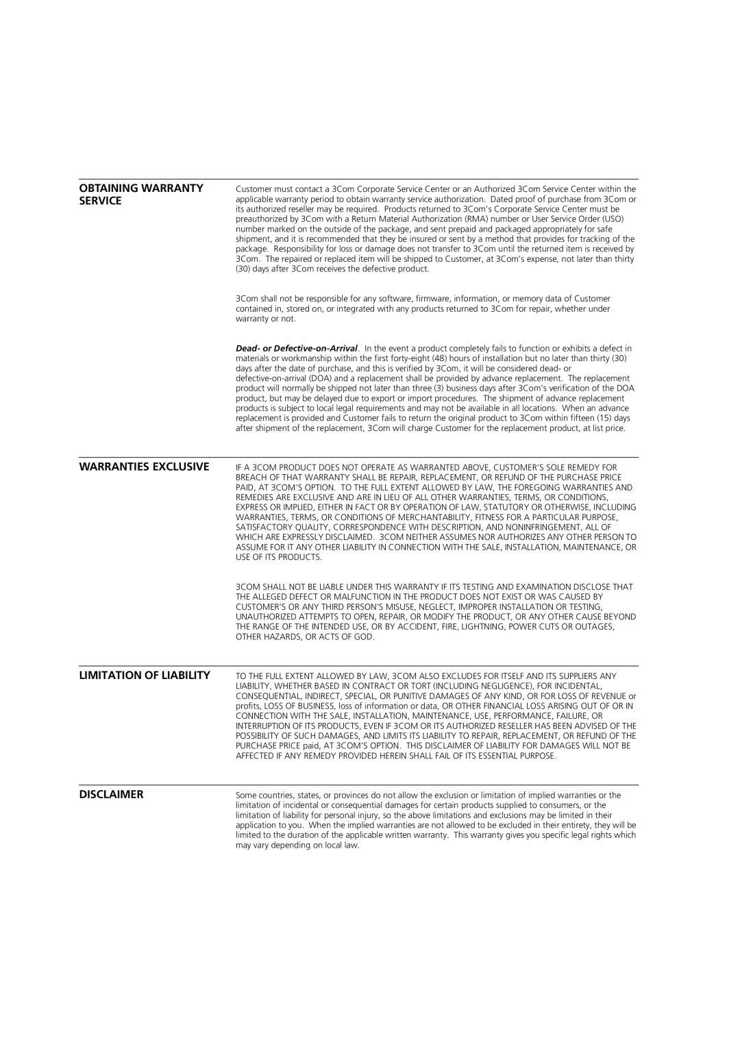 3Com DSA-3CV1001-02 service manual Obtaining Warranty Service 