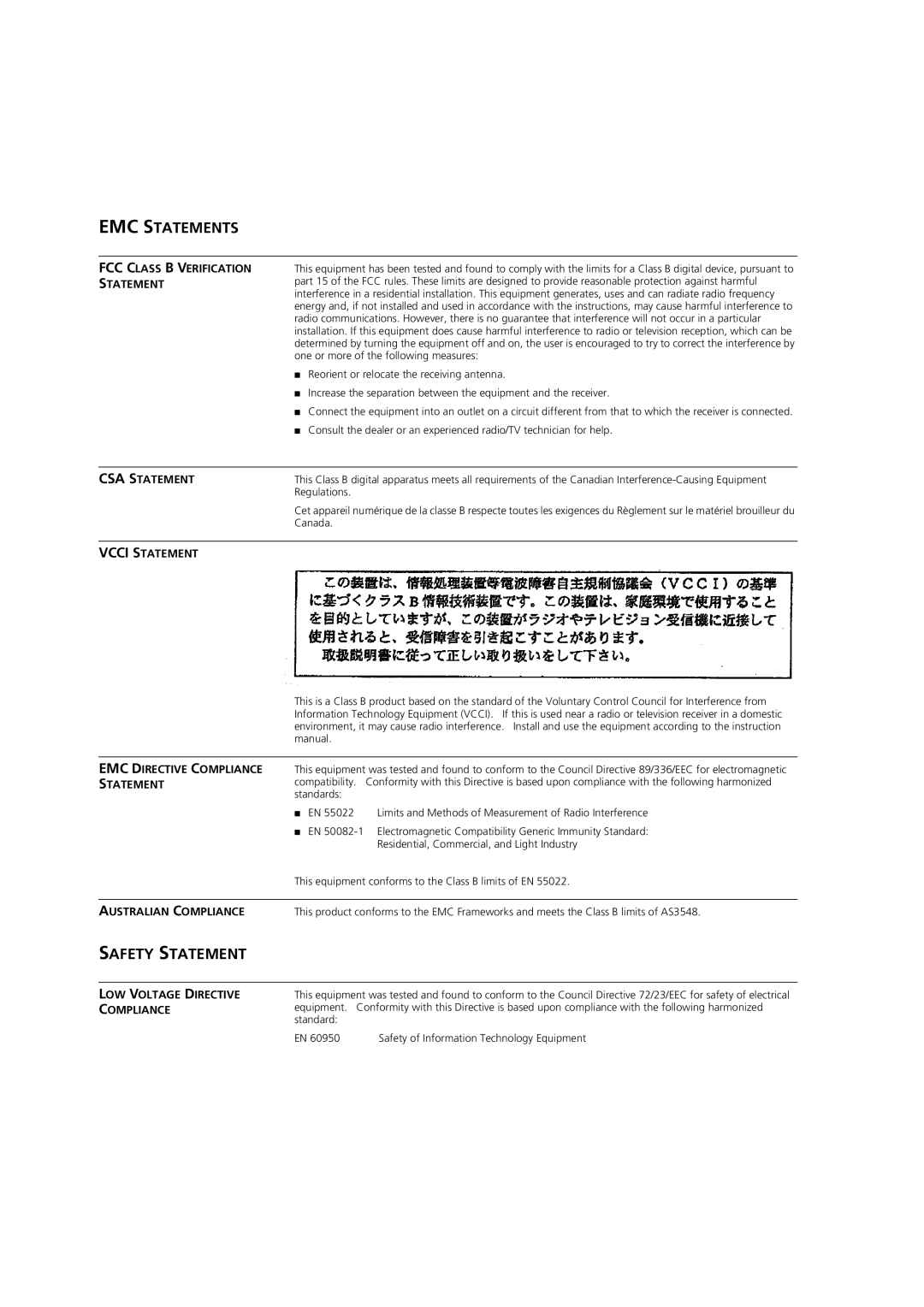 3Com DSA-3CV1001-02 service manual EMC Statements 