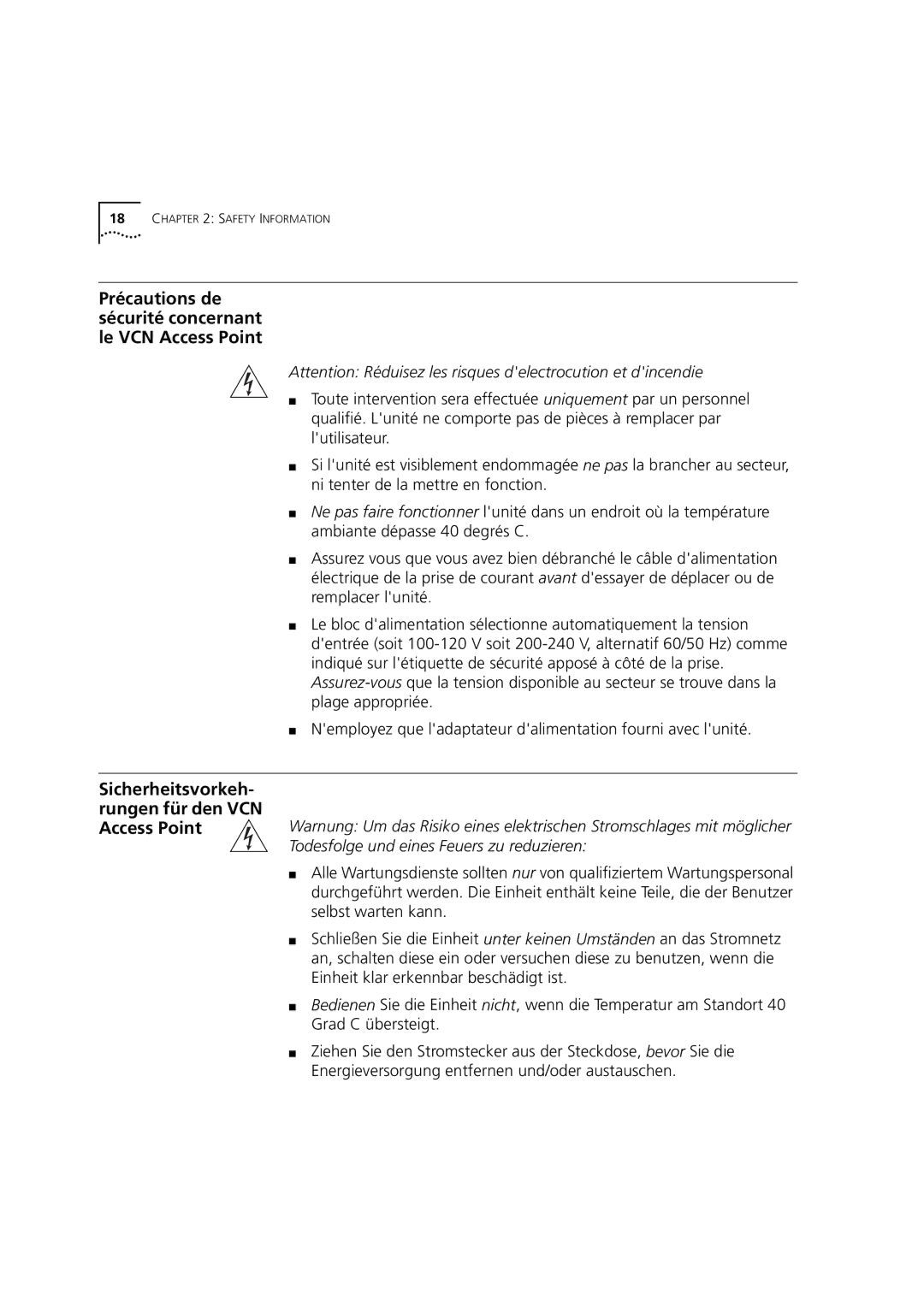 3Com DSA-3CV1001-02 service manual Précautions de sécurité concernant le VCN Access Point 