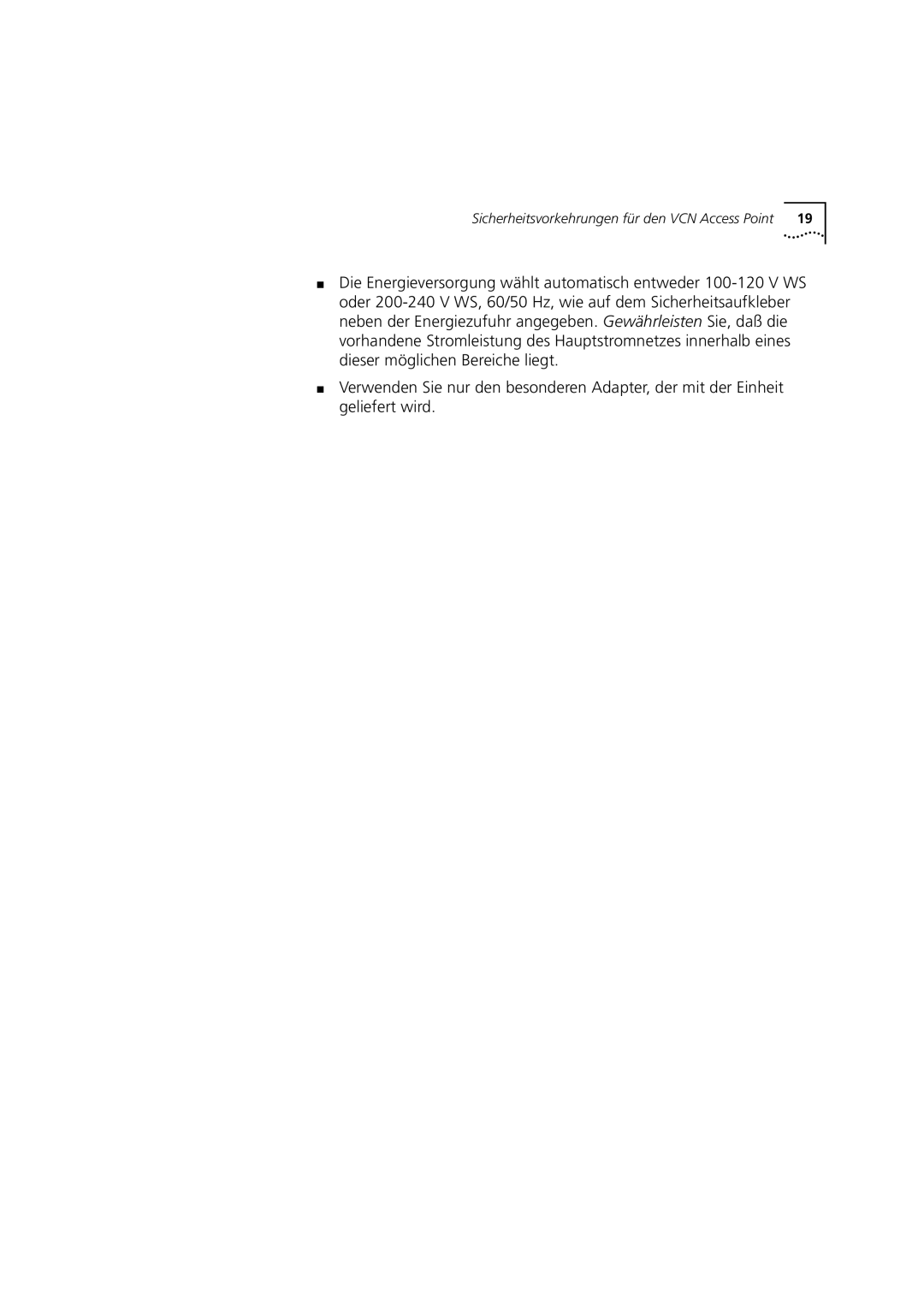 3Com DSA-3CV1001-02 service manual Sicherheitsvorkehrungen für den VCN Access Point 