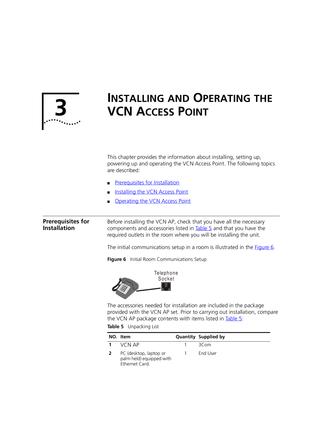 3Com DSA-3CV1001-02 service manual Installing and Operating VCN Access Point, Unpacking List, Quantity Supplied by, 3Com 