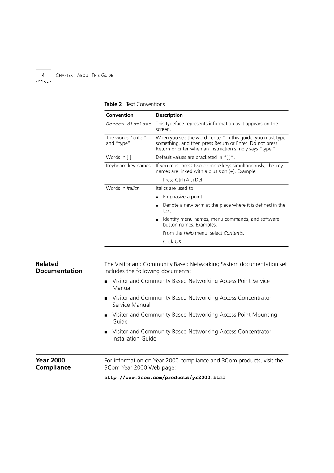 3Com DSA-3CV1001-02 service manual Related, Documentation, Year, Compliance 