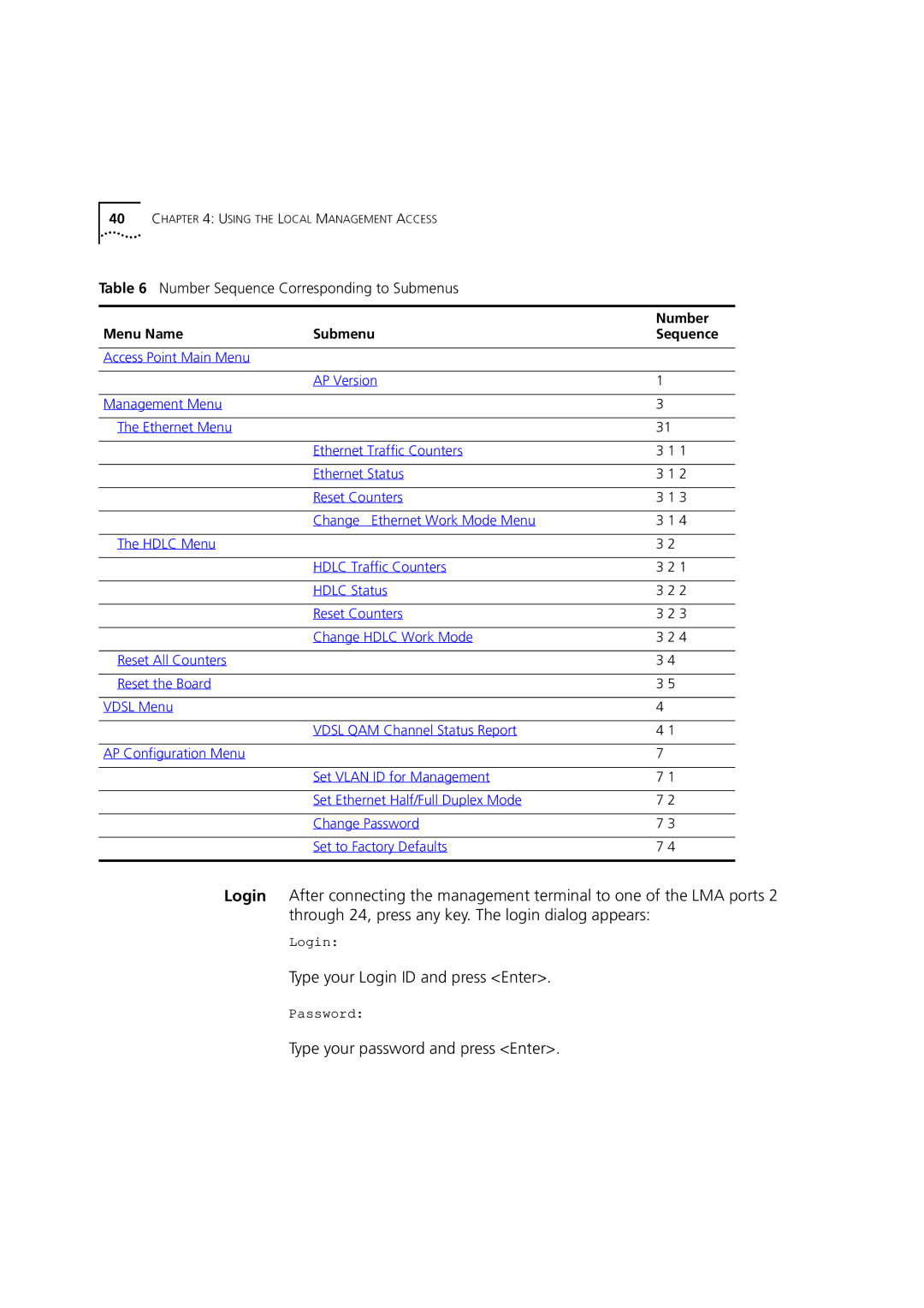 3Com DSA-3CV1001-02 service manual Type your Login ID and press Enter, Type your password and press Enter 