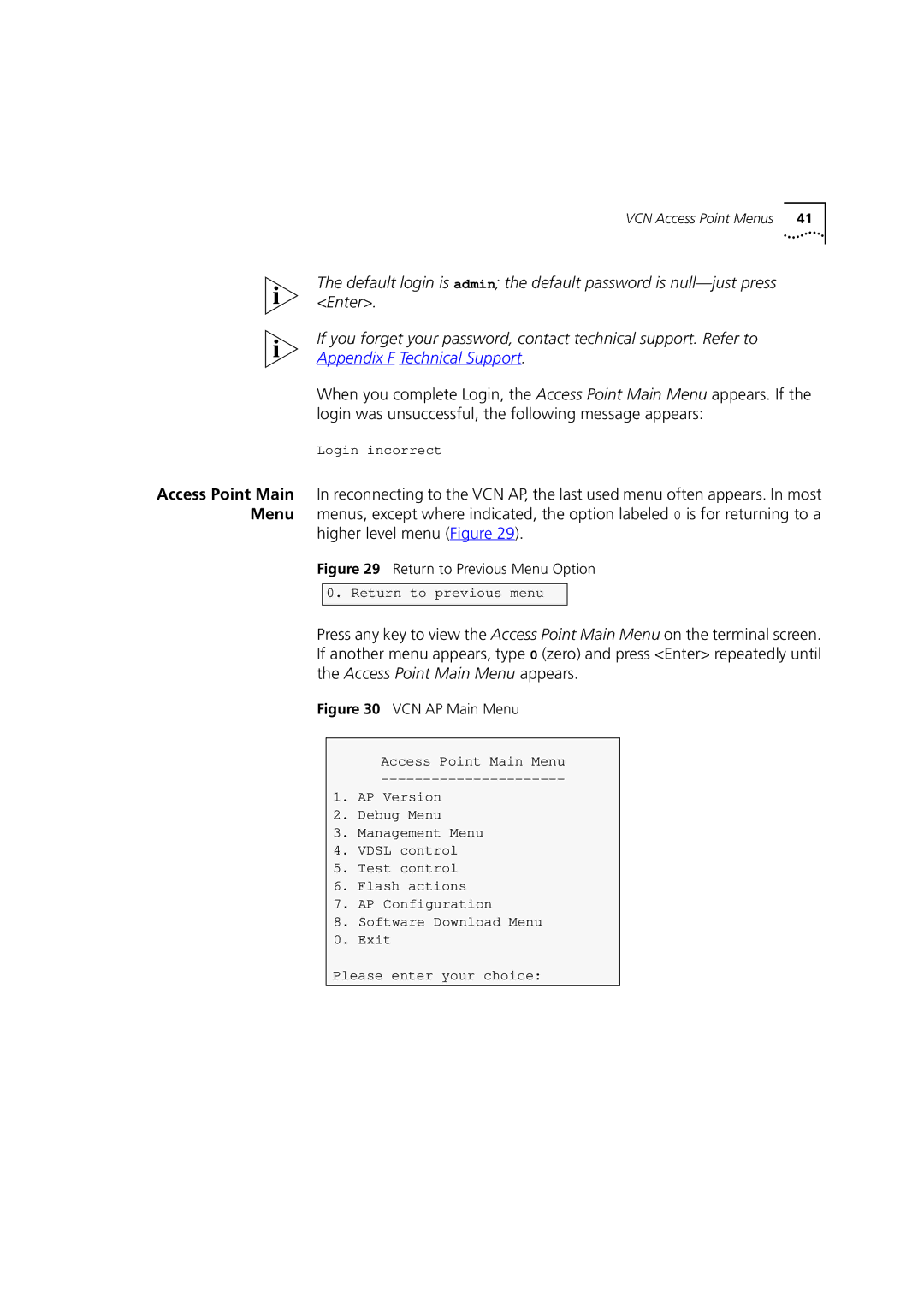 3Com DSA-3CV1001-02 service manual Return to Previous Menu Option, VCN AP Main Menu 