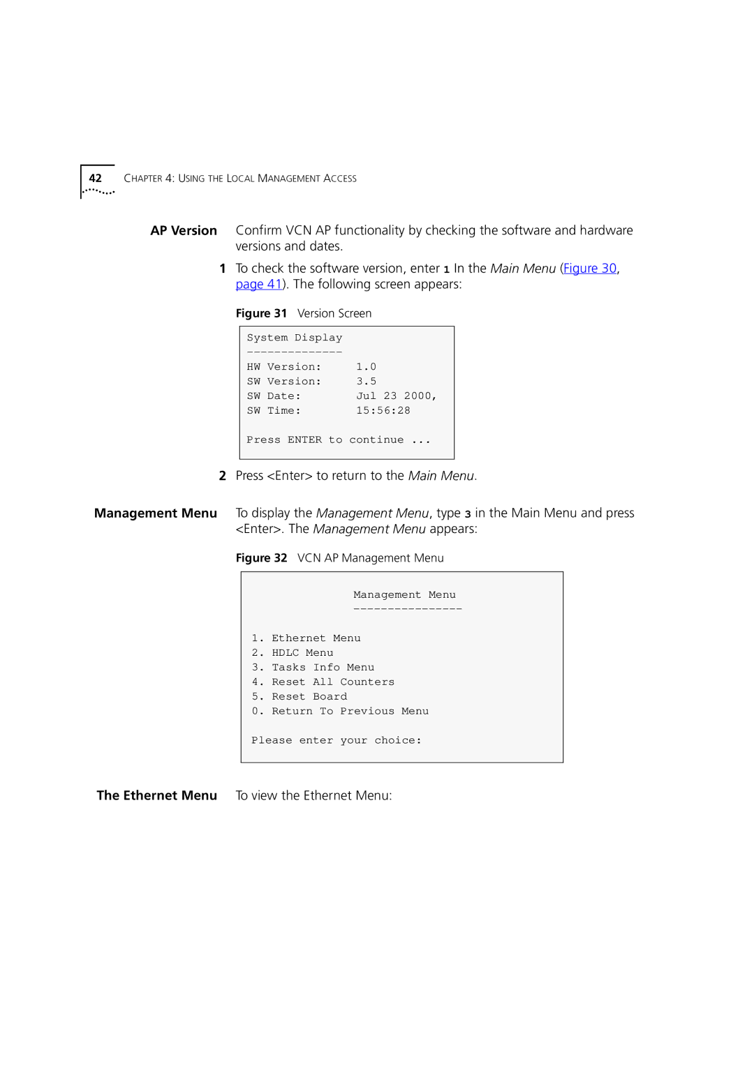 3Com DSA-3CV1001-02 service manual Version Screen, VCN AP Management Menu 