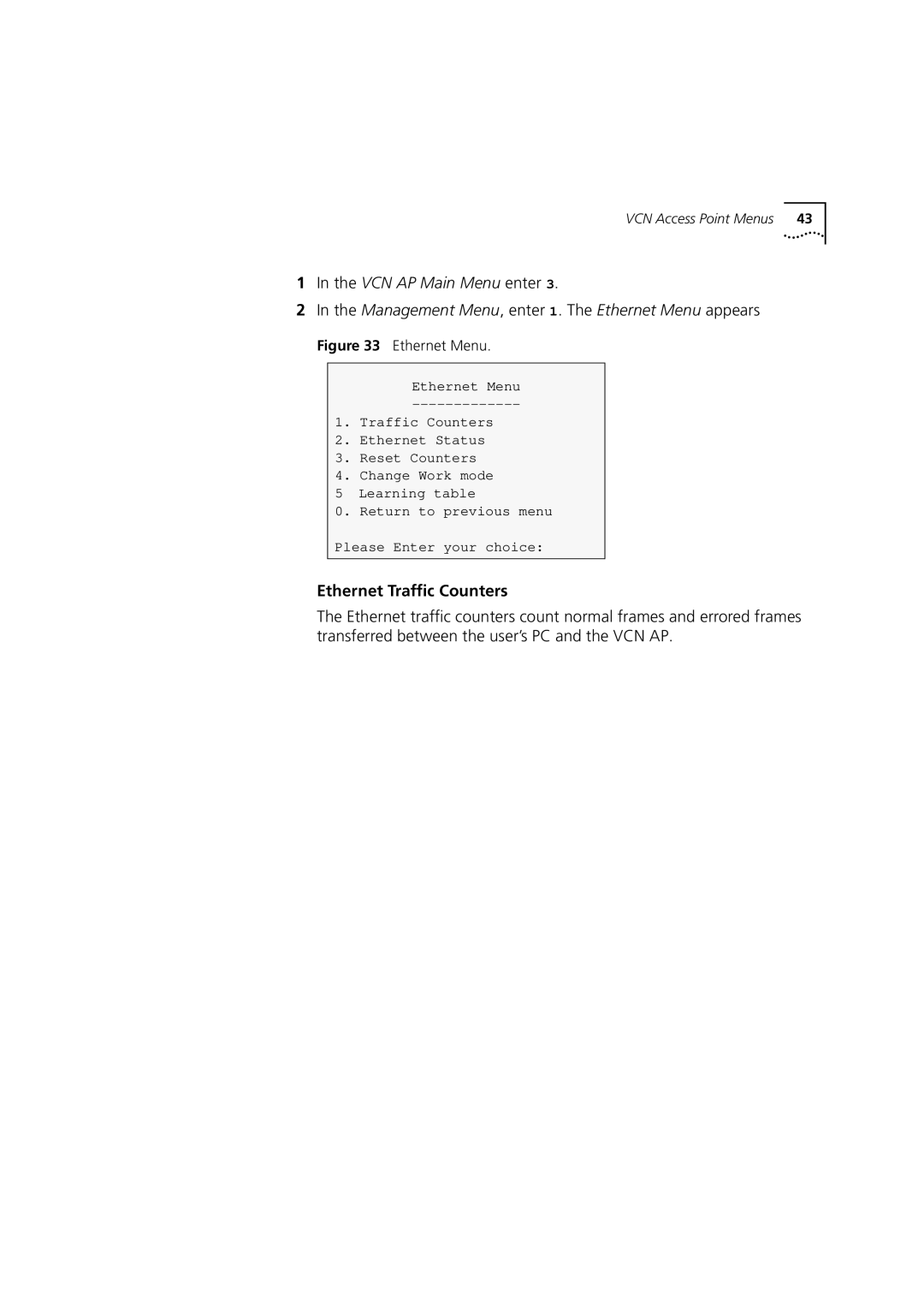 3Com DSA-3CV1001-02 service manual Ethernet Traffic Counters, Ethernet Menu 