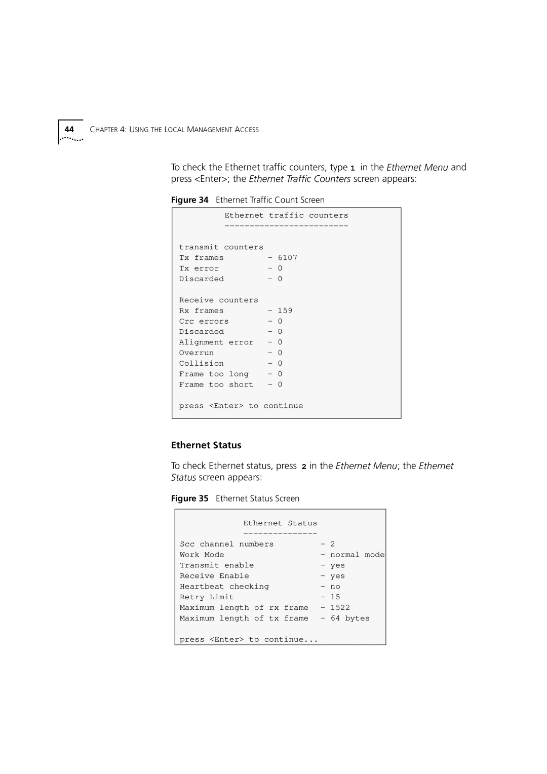 3Com DSA-3CV1001-02 service manual Ethernet Status, Ethernet Traffic Count Screen 