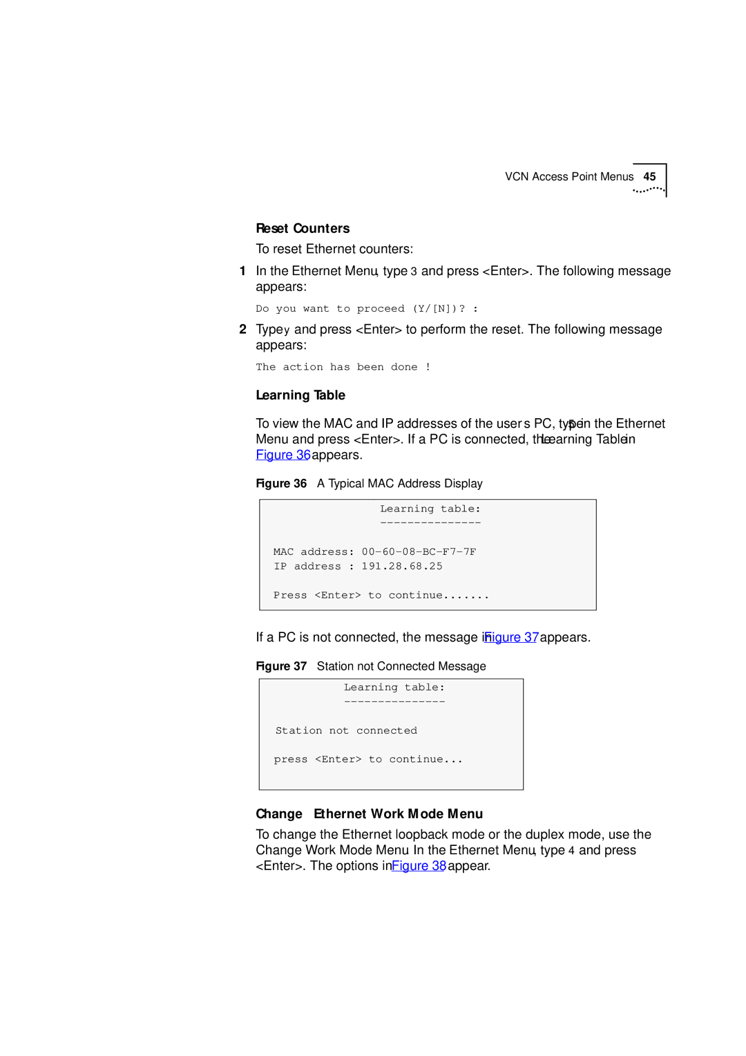 3Com DSA-3CV1001-02 service manual Reset Counters, Learning Table, If a PC is not connected, the message in appears 