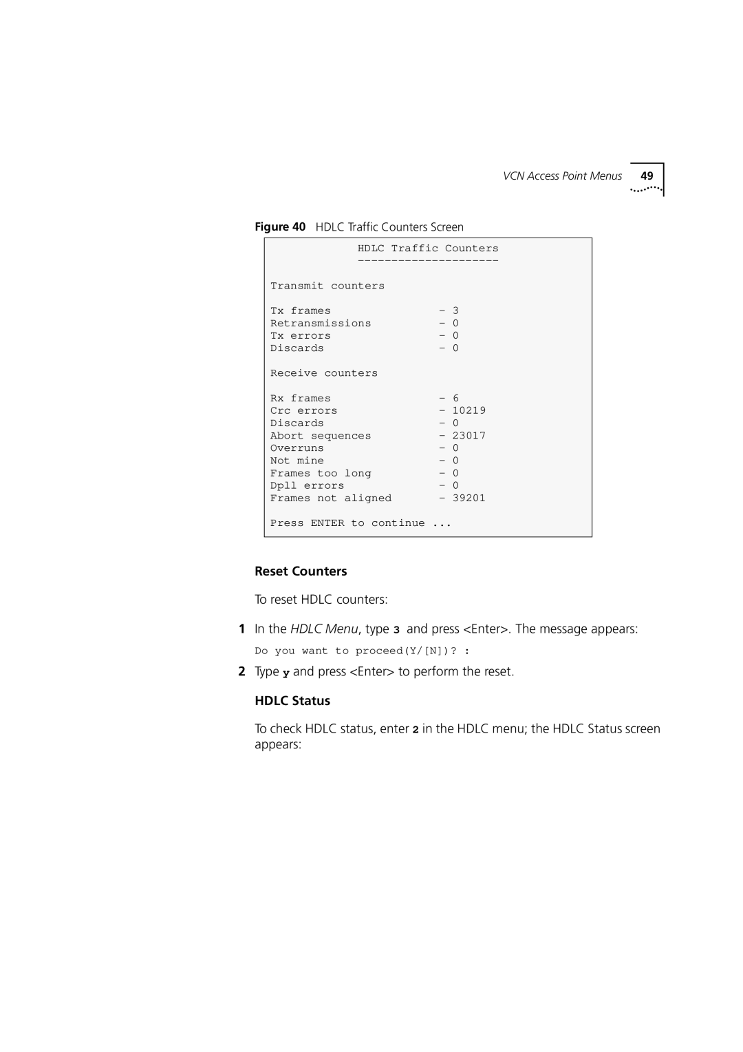 3Com DSA-3CV1001-02 service manual Type y and press Enter to perform the reset, Hdlc Status 