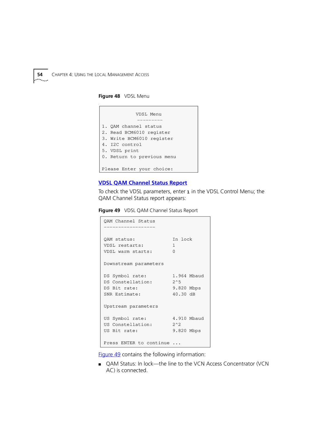 3Com DSA-3CV1001-02 service manual Vdsl QAM Channel Status Report 