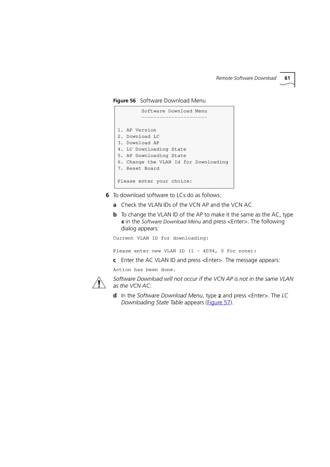 3Com DSA-3CV1001-02 service manual Software Download Menu, Enter the AC Vlan ID and press Enter. The message appears 