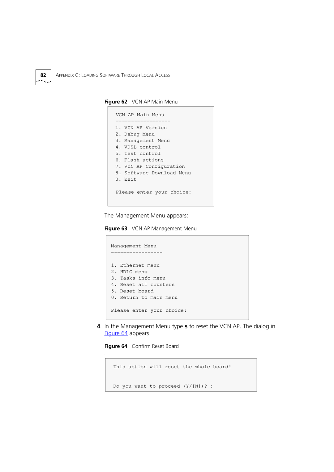 3Com DSA-3CV1001-02 service manual Management Menu appears, Confirm Reset Board 