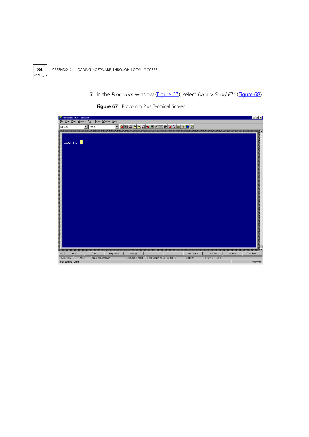 3Com DSA-3CV1001-02 service manual Procomm window , select Data Send File Figure, Procomm Plus Terminal Screen 