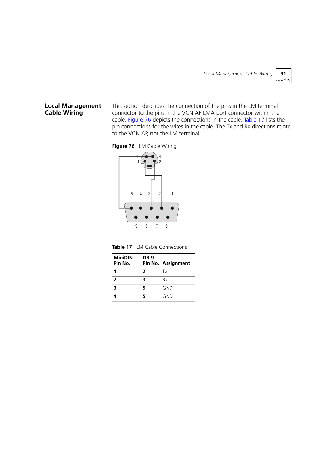 3Com DSA-3CV1001-02 service manual LM Cable Wiring LM Cable Connections, MiniDIN DB-9 Pin No Pin No. Assignment 