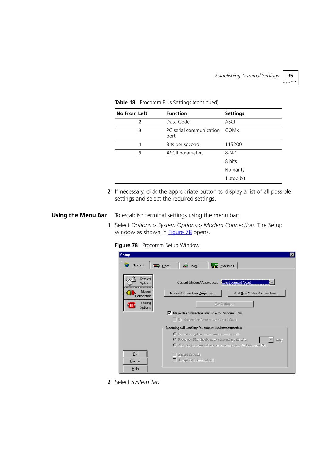 3Com DSA-3CV1001-02 service manual Procomm Setup Window, No From Left Function Settings 