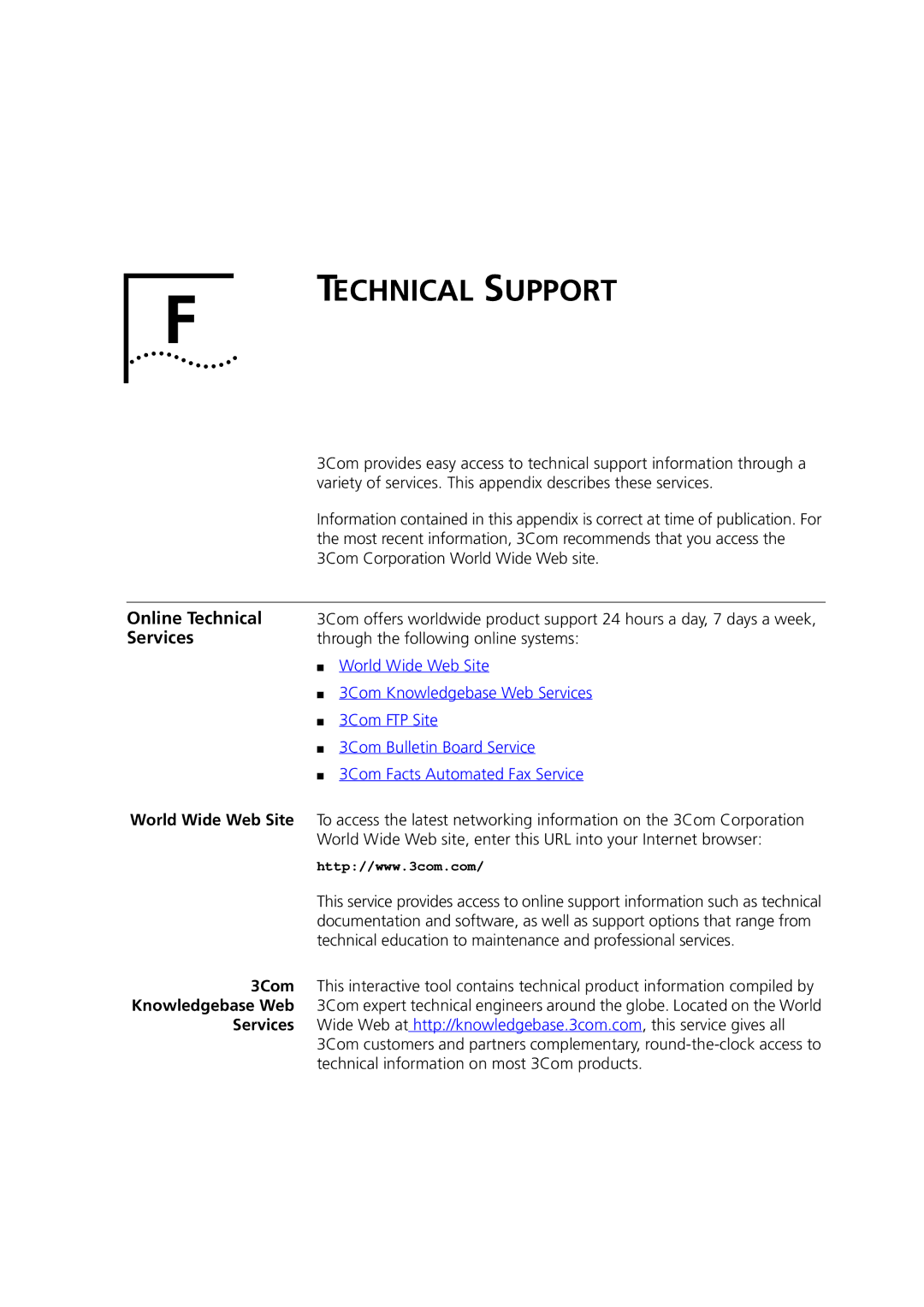 3Com DSA-3CV1001-02 service manual Technical Support, Online Technical, Services, 3Com 