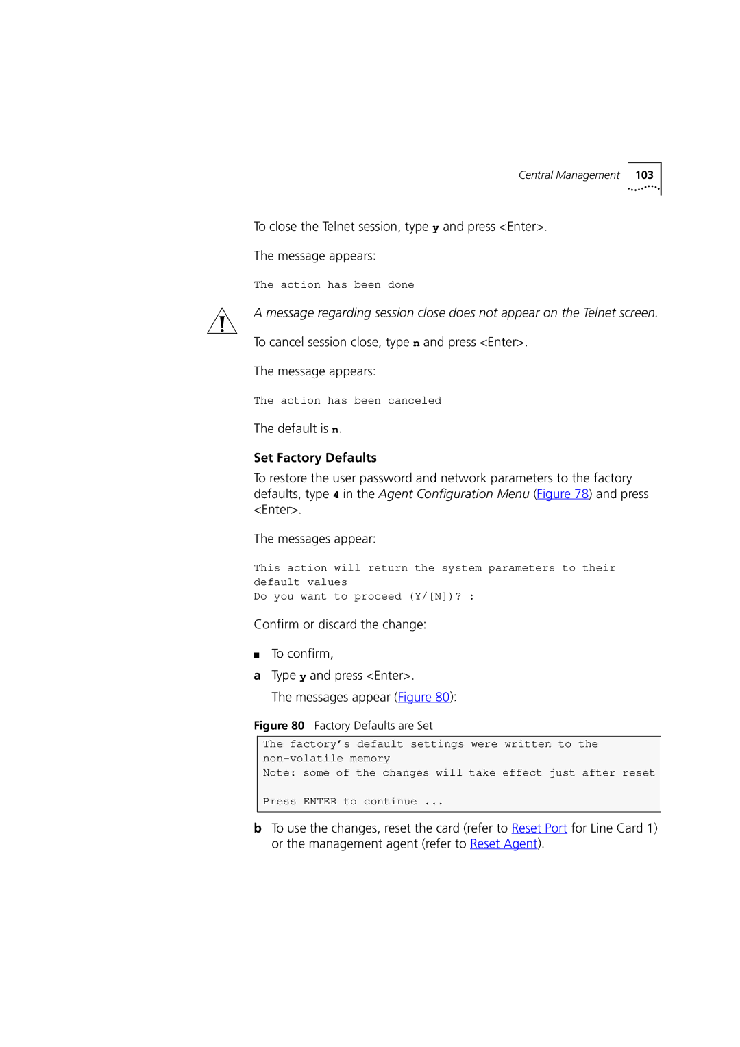 3Com DSA-3CV1100-02 service manual Default is n, Set Factory Defaults 