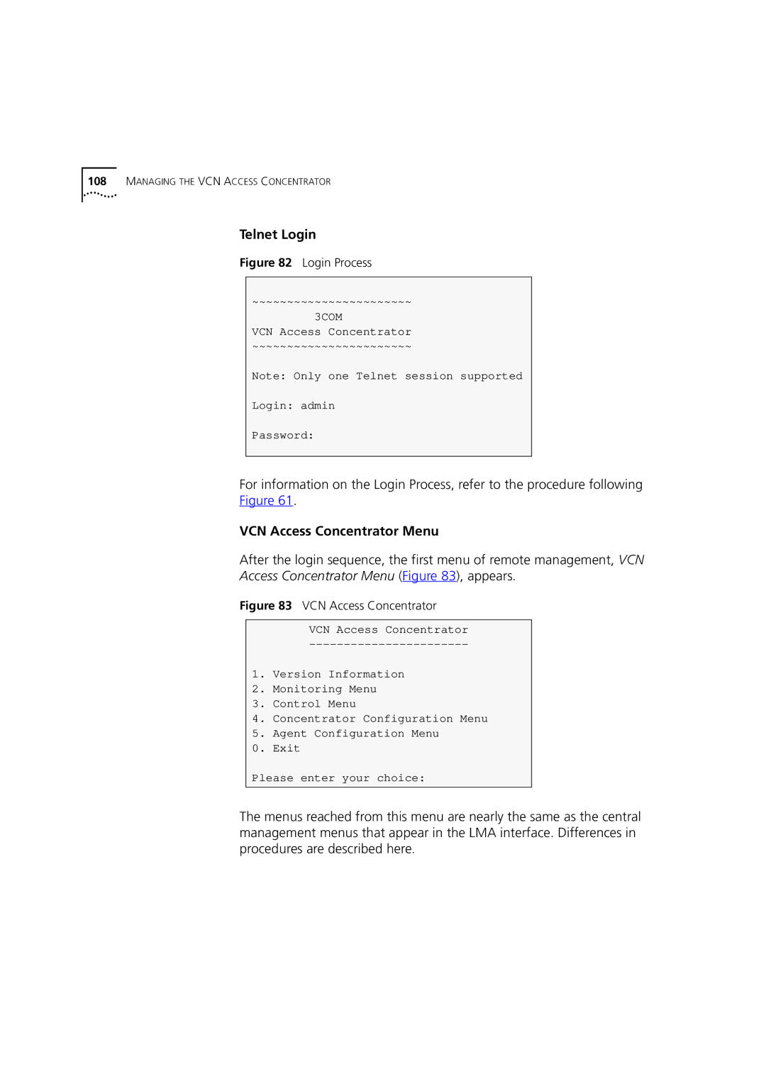 3Com DSA-3CV1100-02 service manual Telnet Login, VCN Access Concentrator 