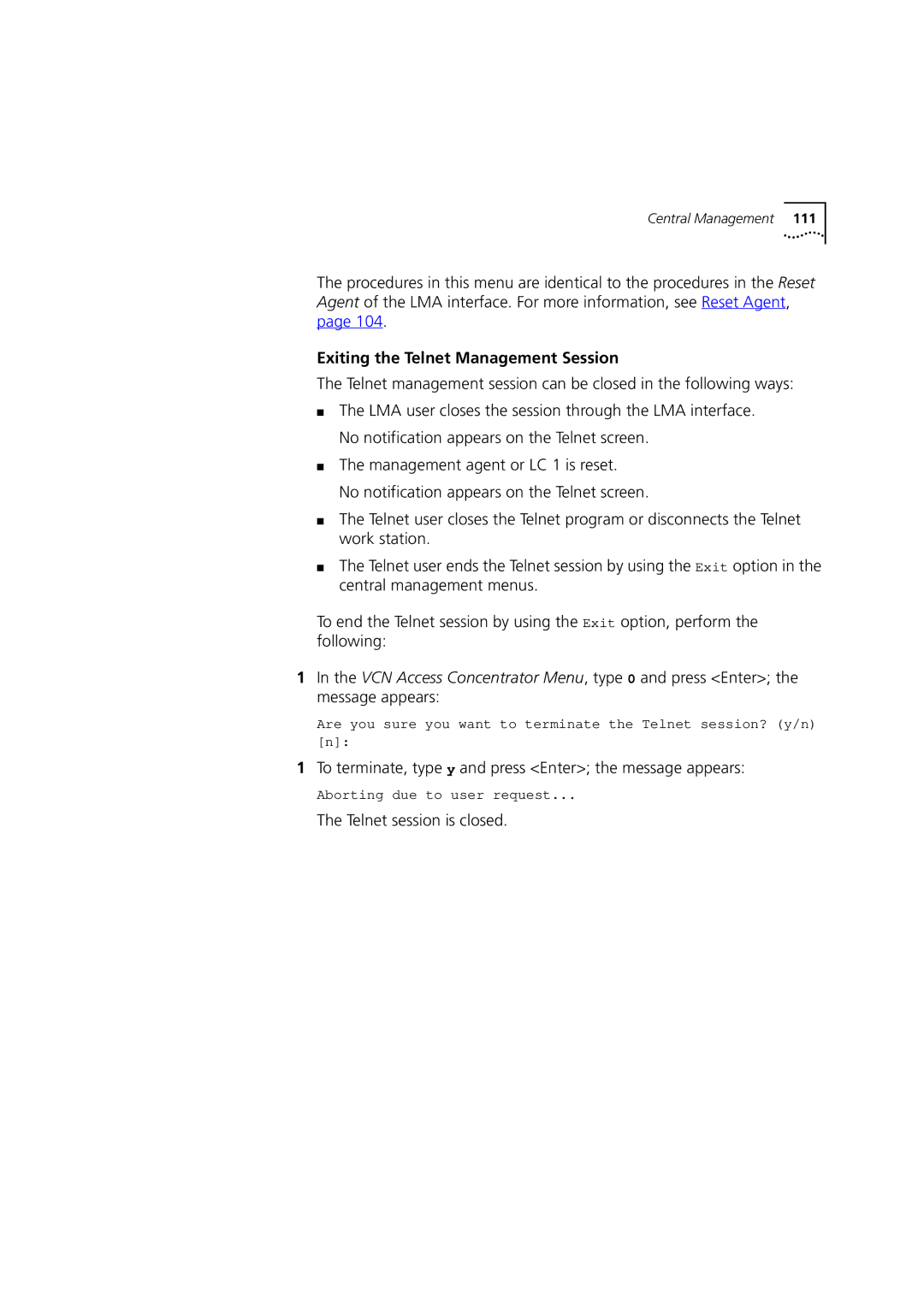 3Com DSA-3CV1100-02 Exiting the Telnet Management Session, To terminate, type y and press Enter the message appears 