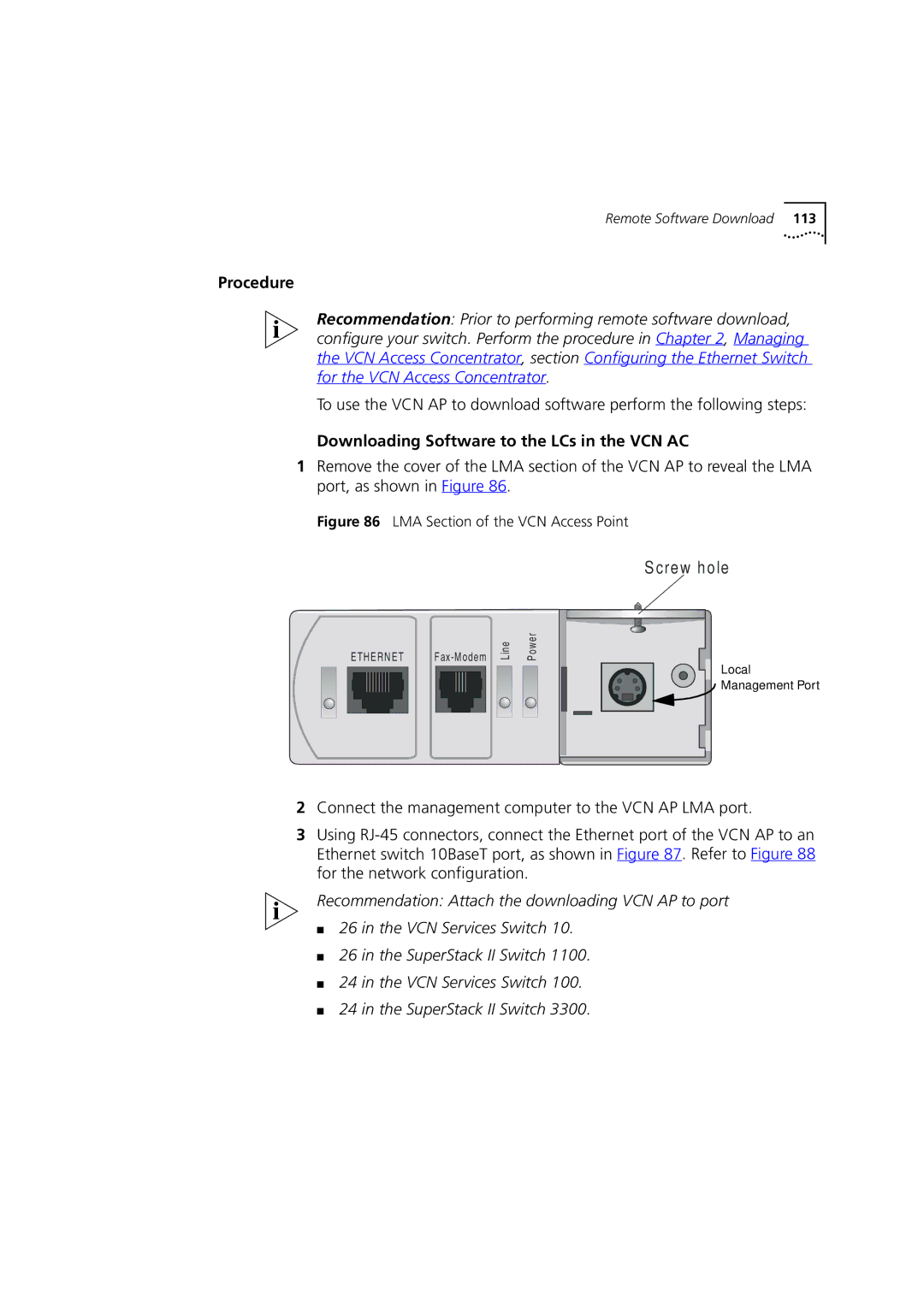 3Com DSA-3CV1100-02 service manual Procedure, Downloading Software to the LCs in the VCN AC 