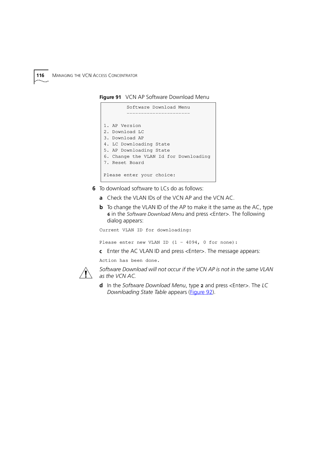 3Com DSA-3CV1100-02 service manual VCN AP Software Download Menu, Enter the AC Vlan ID and press Enter. The message appears 