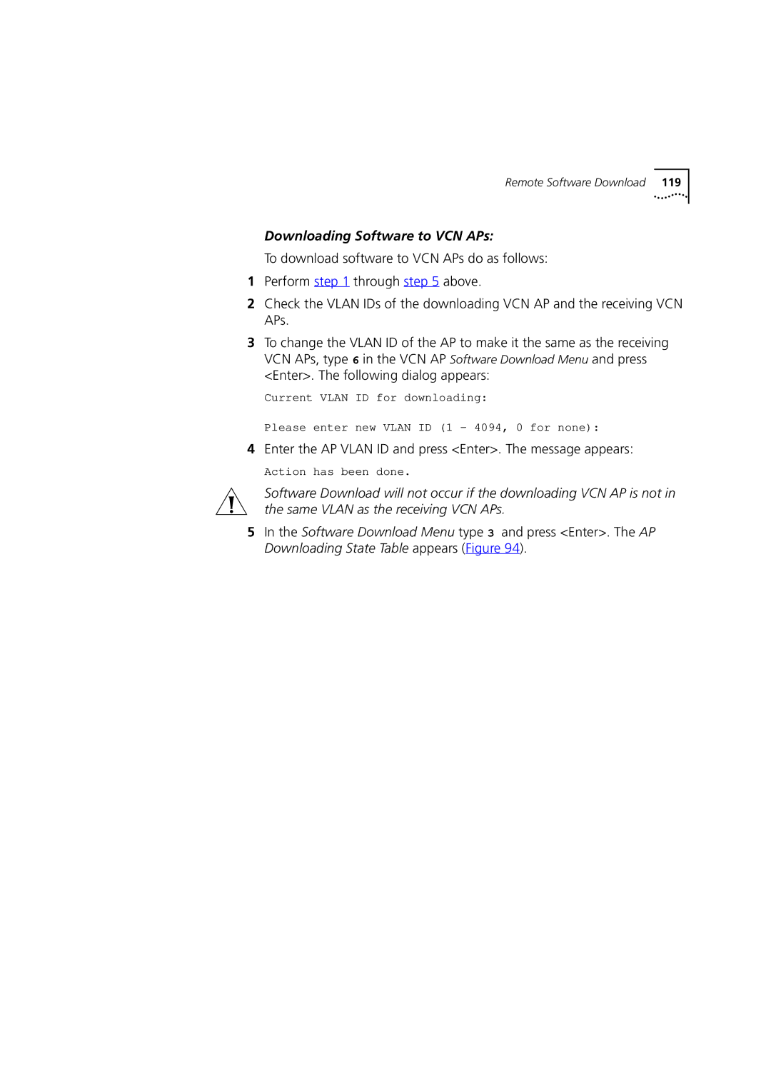 3Com DSA-3CV1100-02 Downloading Software to VCN APs, Enter the AP Vlan ID and press Enter. The message appears 