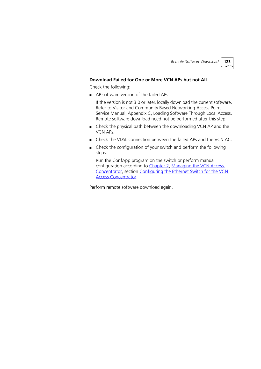 3Com DSA-3CV1100-02 service manual Download Failed for One or More VCN APs but not All 