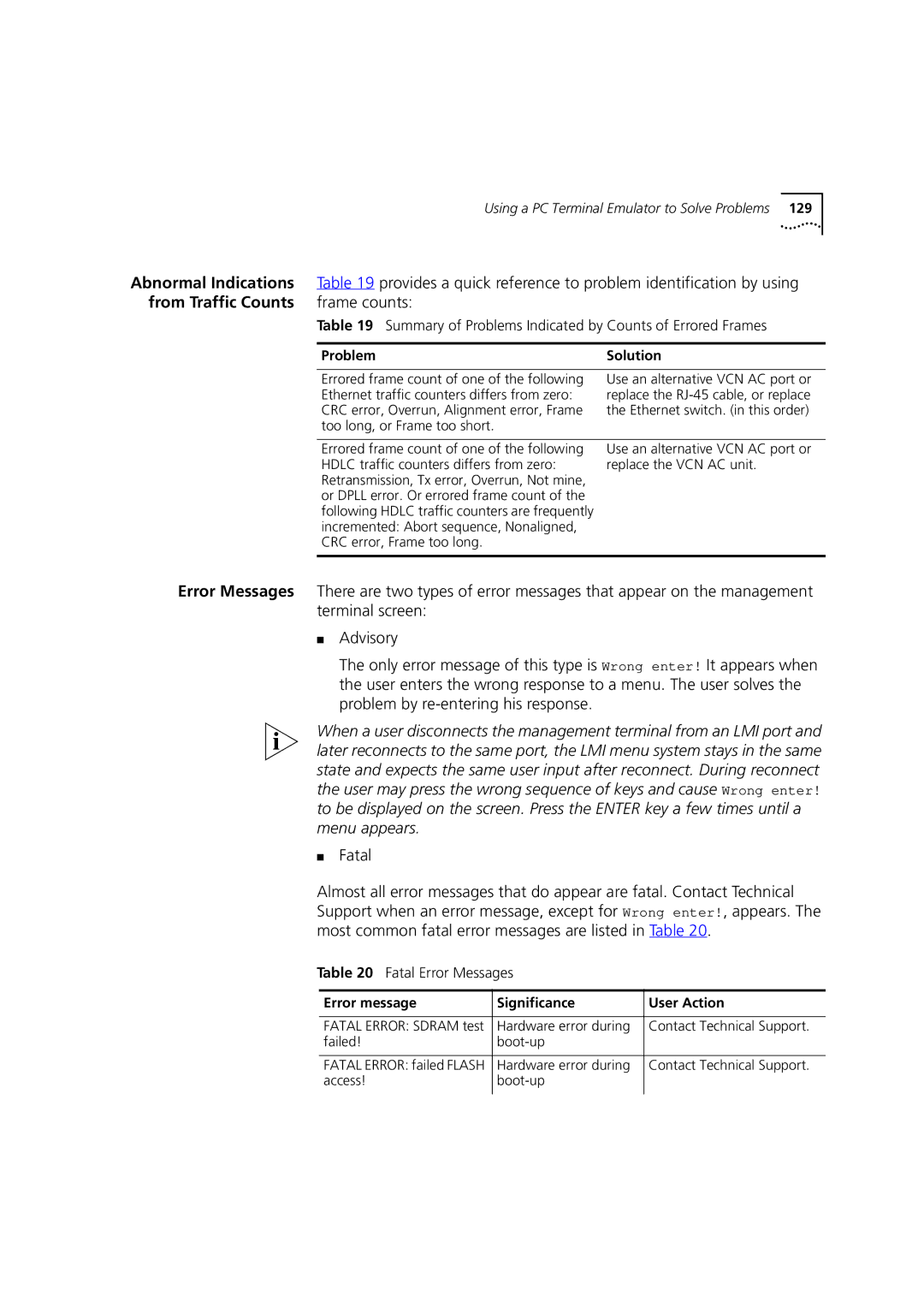 3Com DSA-3CV1100-02 service manual From Traffic Counts Frame counts, Fatal, Error message Significance User Action 