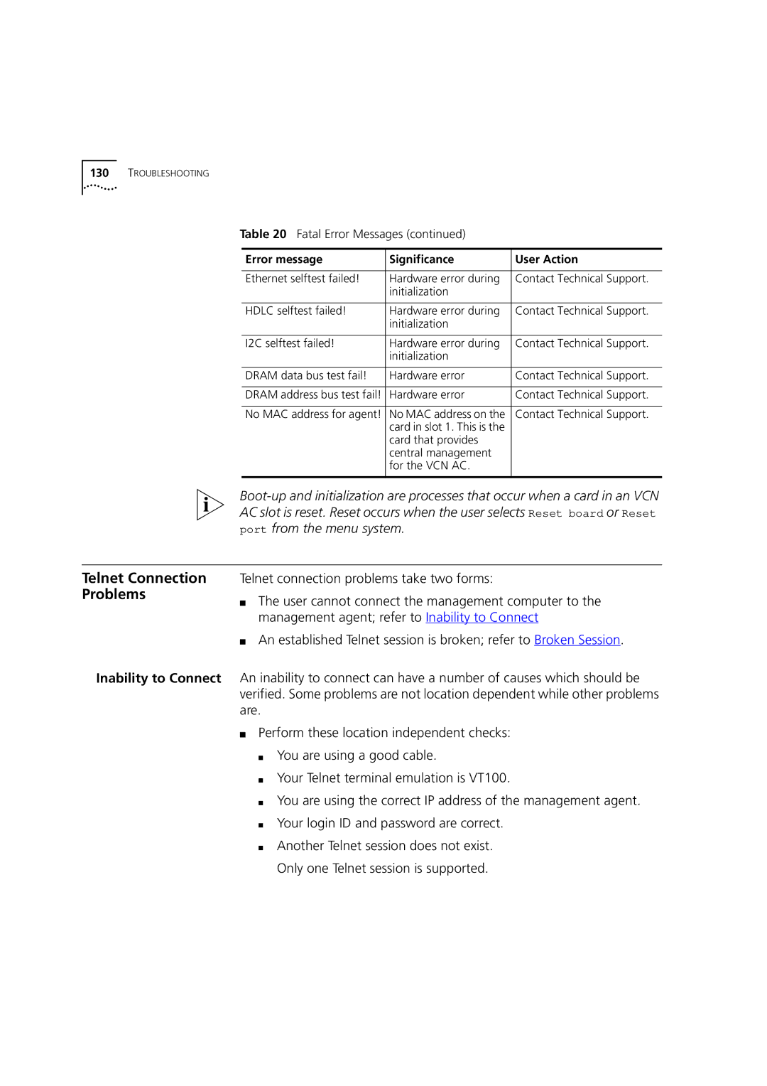 3Com DSA-3CV1100-02 service manual Telnet Connection Problems 