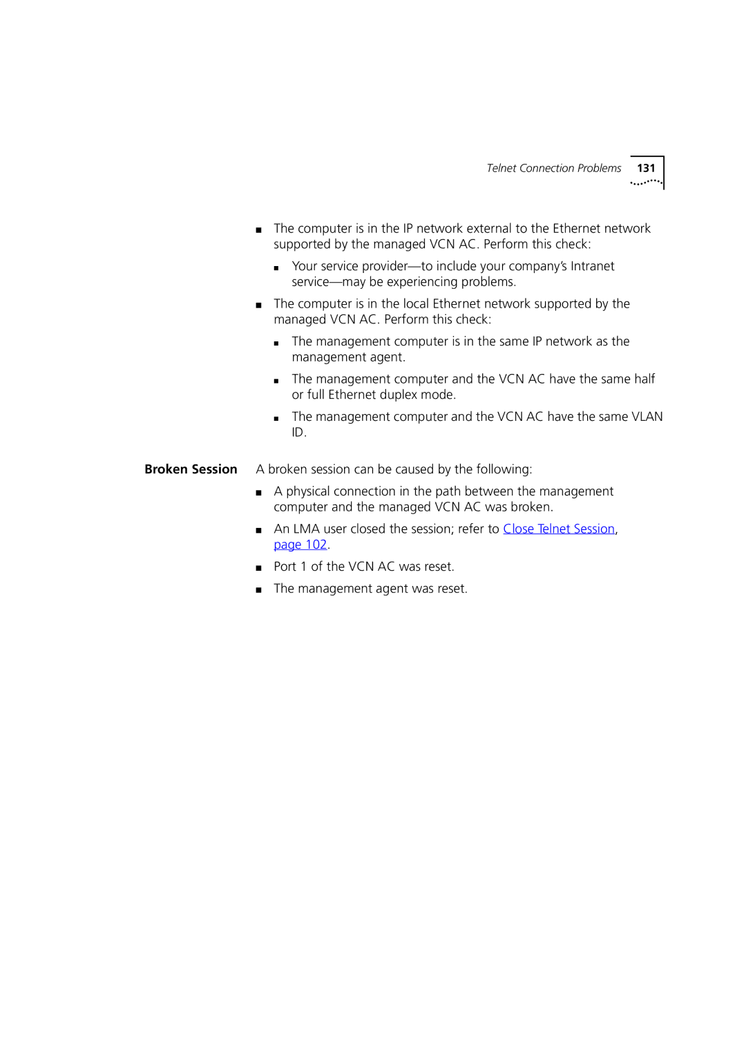 3Com DSA-3CV1100-02 service manual Telnet Connection Problems 