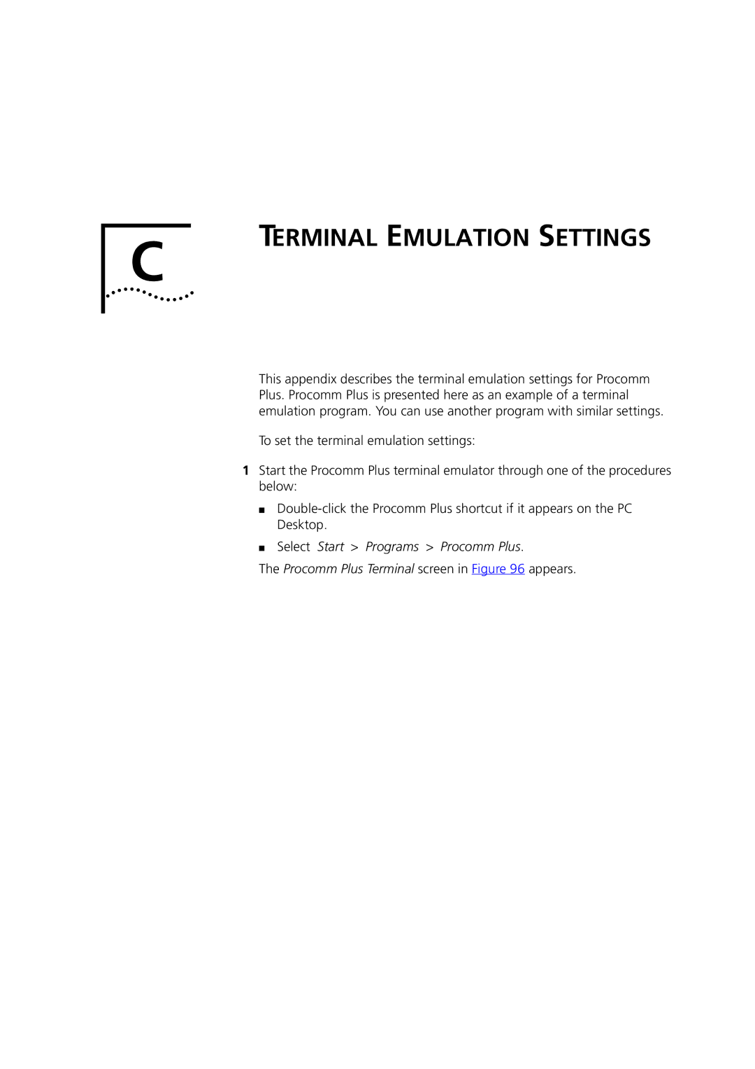 3Com DSA-3CV1100-02 service manual Terminal Emulation Settings, Procomm Plus Terminal screen in appears 