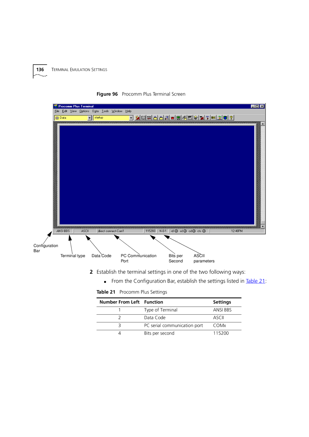 3Com DSA-3CV1100-02 service manual Procomm Plus Settings, Number From Left Function Settings 