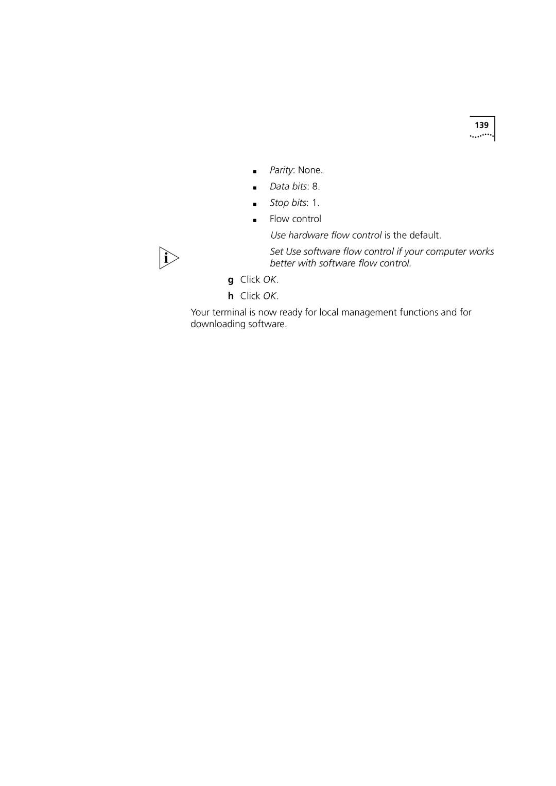 3Com DSA-3CV1100-02 service manual Parity None, Flow control, 139 