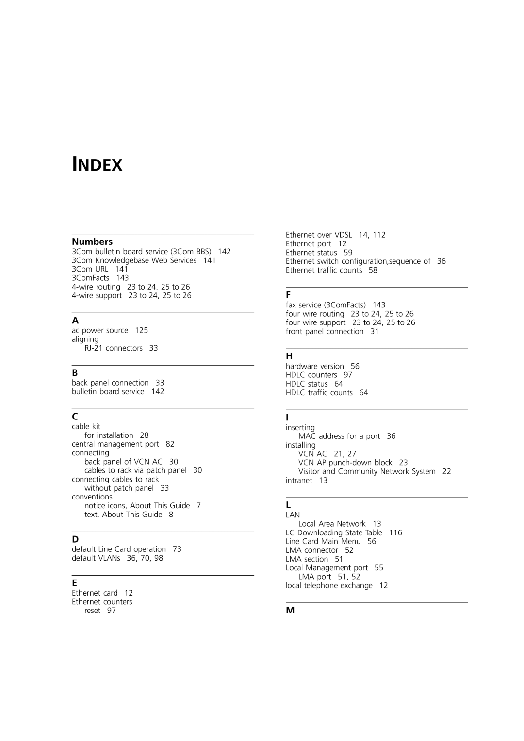 3Com DSA-3CV1100-02 service manual Index, Numbers 