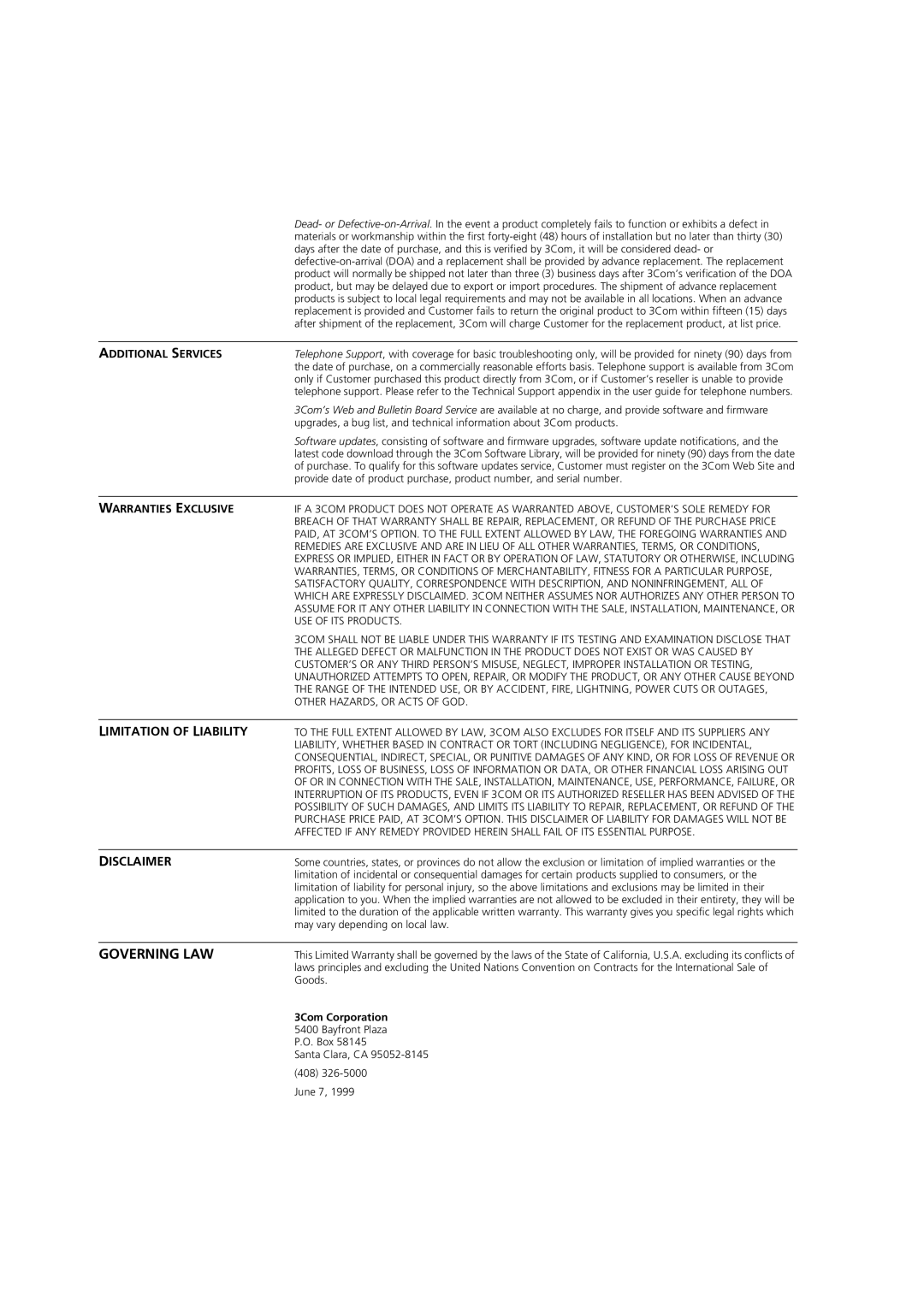 3Com DSA-3CV1100-02 service manual Governing LAW 