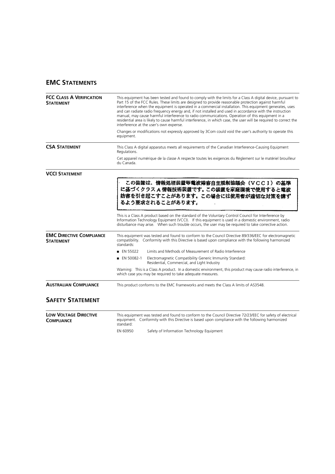 3Com DSA-3CV1100-02 service manual EMC Statements 