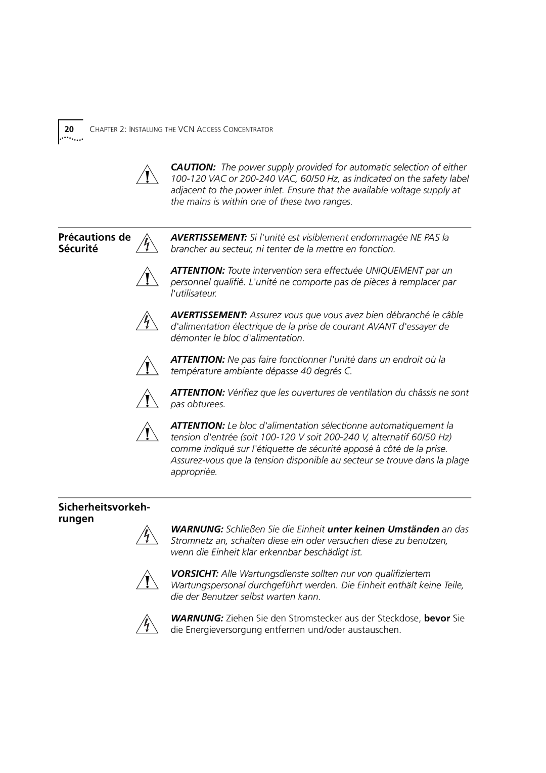 3Com DSA-3CV1100-02 service manual Précautions de, Sécurité, Sicherheitsvorkeh- rungen 