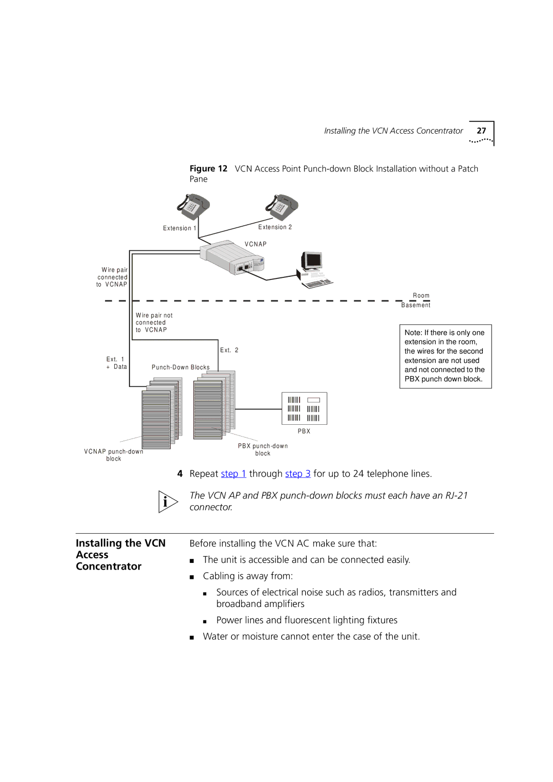 3Com DSA-3CV1100-02 service manual Installing the VCN Access Concentrator, Repeat through for up to 24 telephone lines 