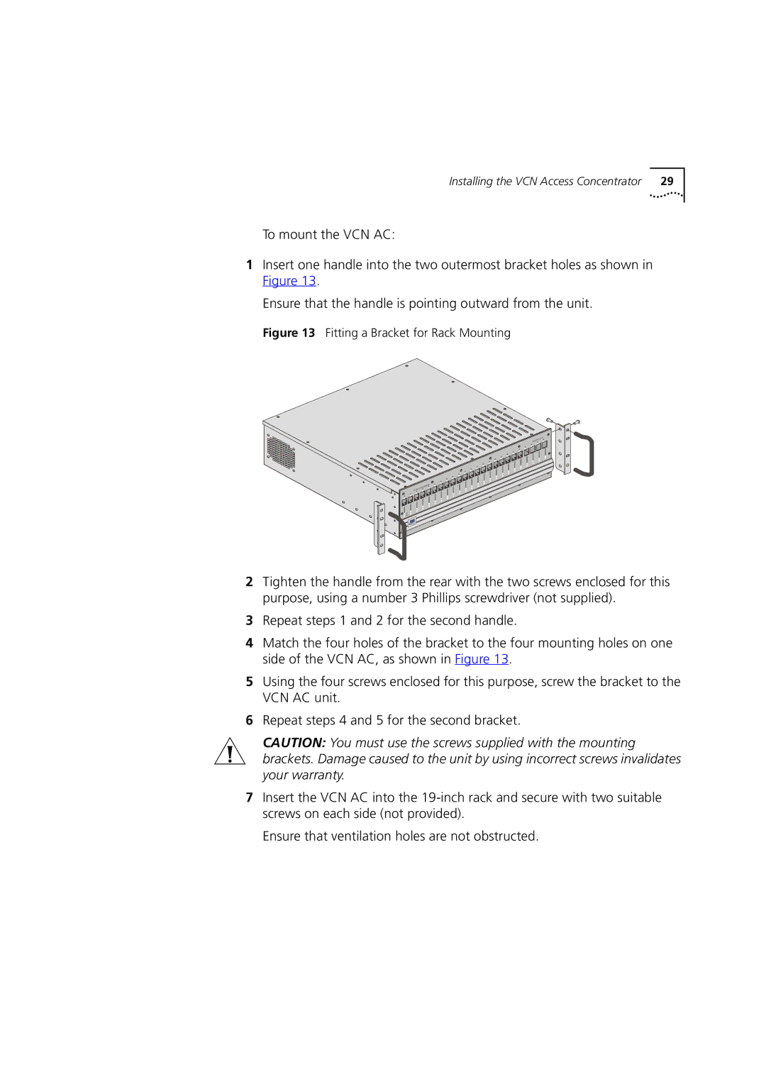 3Com DSA-3CV1100-02 service manual Fitting a Bracket for Rack Mounting 