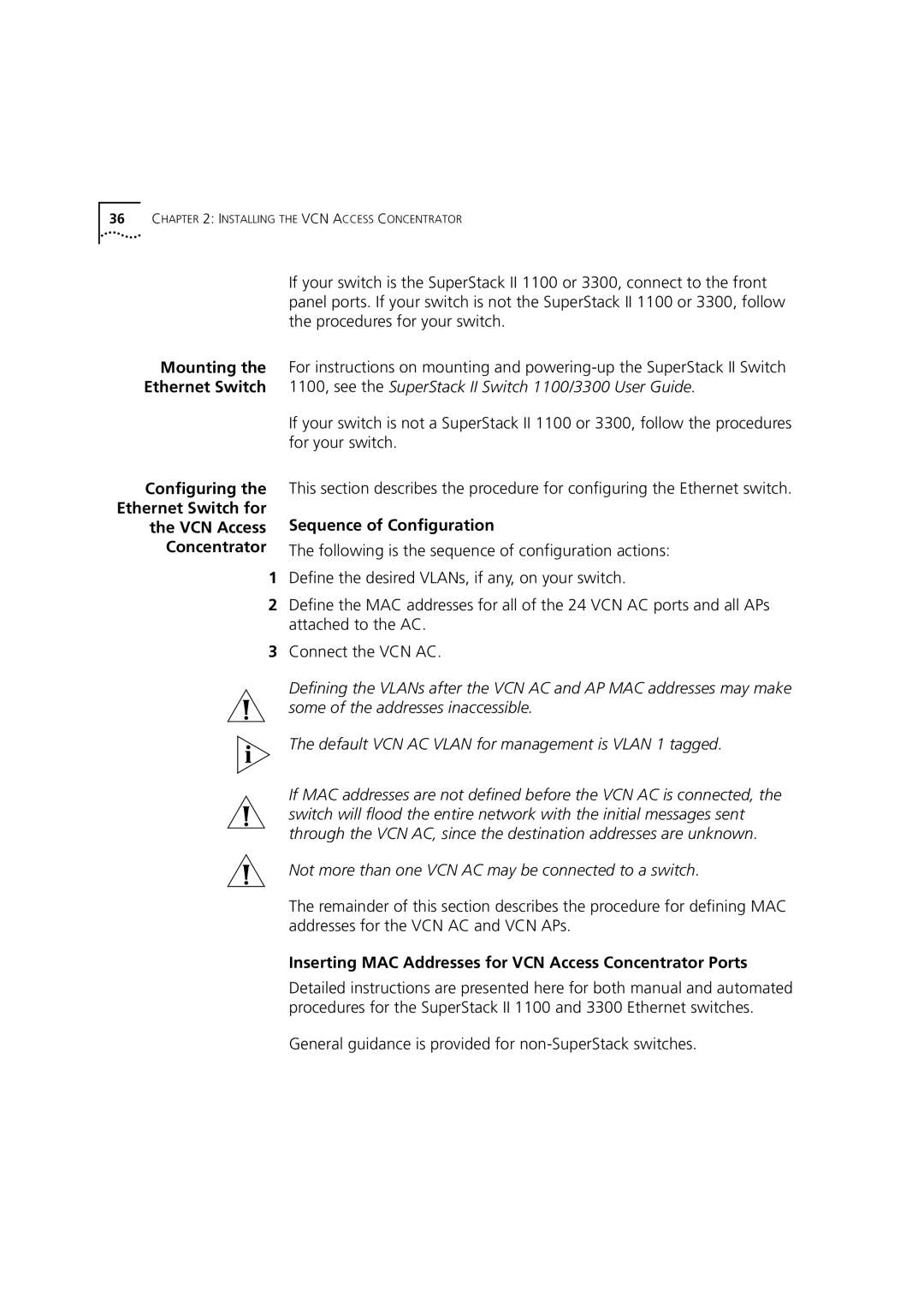 3Com DSA-3CV1100-02 service manual Sequence of Configuration, Inserting MAC Addresses for VCN Access Concentrator Ports 