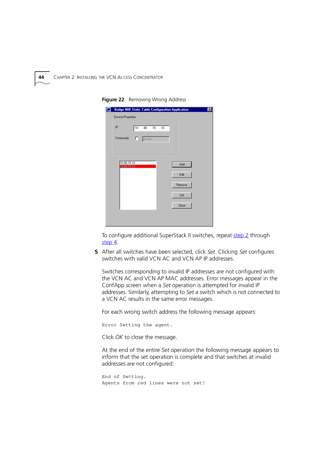 3Com DSA-3CV1100-02 service manual Removing Wrong Address 