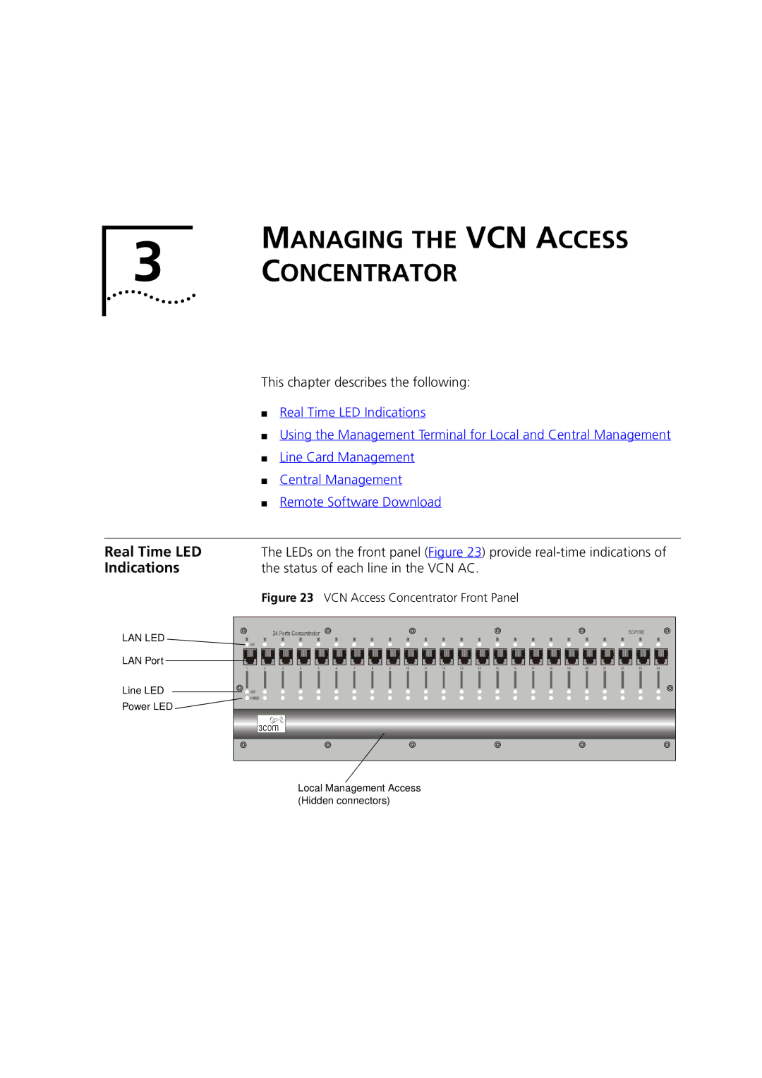 3Com DSA-3CV1100-02 Real Time LED, Indications, This chapter describes the following, Status of each line in the VCN AC 