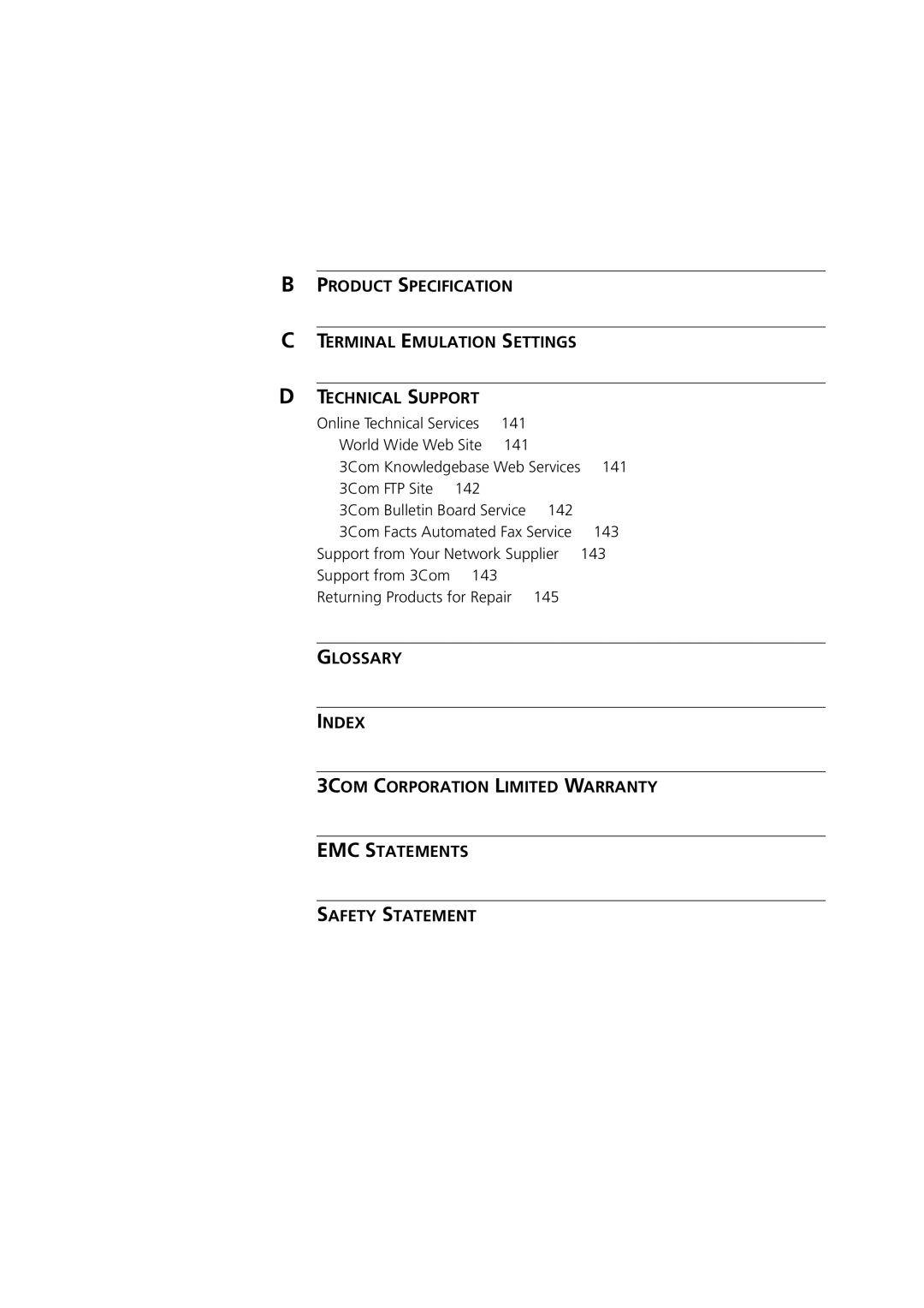 3Com DSA-3CV1100-02 service manual Online Technical Services 141 World Wide Web Site, 3Com FTP Site 142, 143 